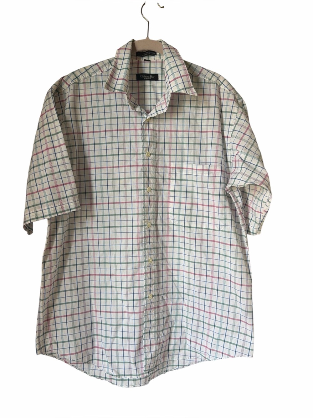 Dior Short Sleeve Button Up Shirt White  Green Pink Windowpane Plaid Vintage